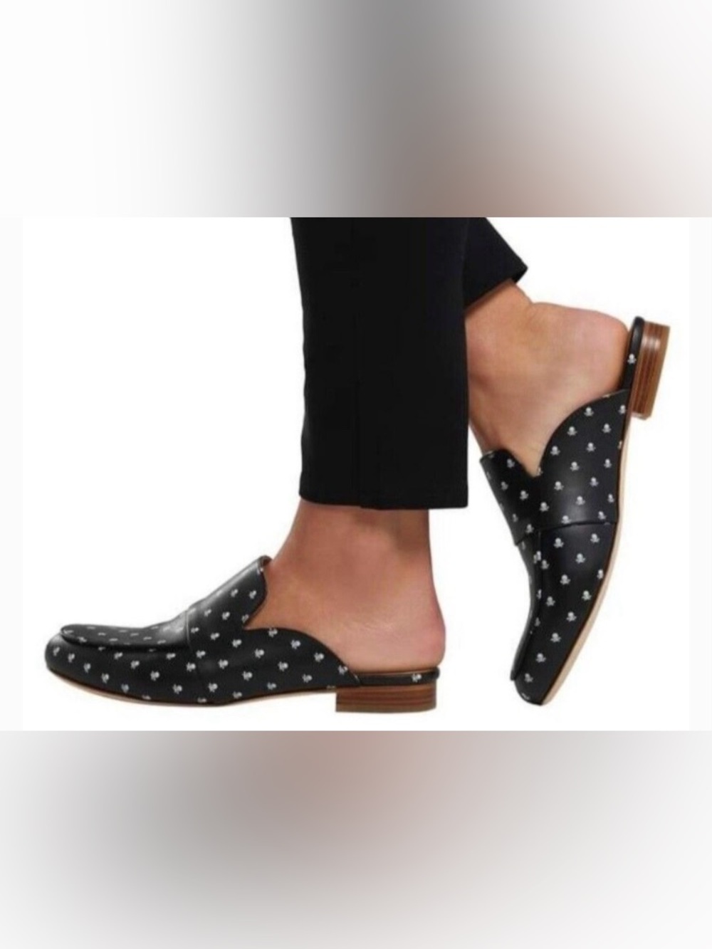 G/FORE mules in black w white skulls and golf tees
